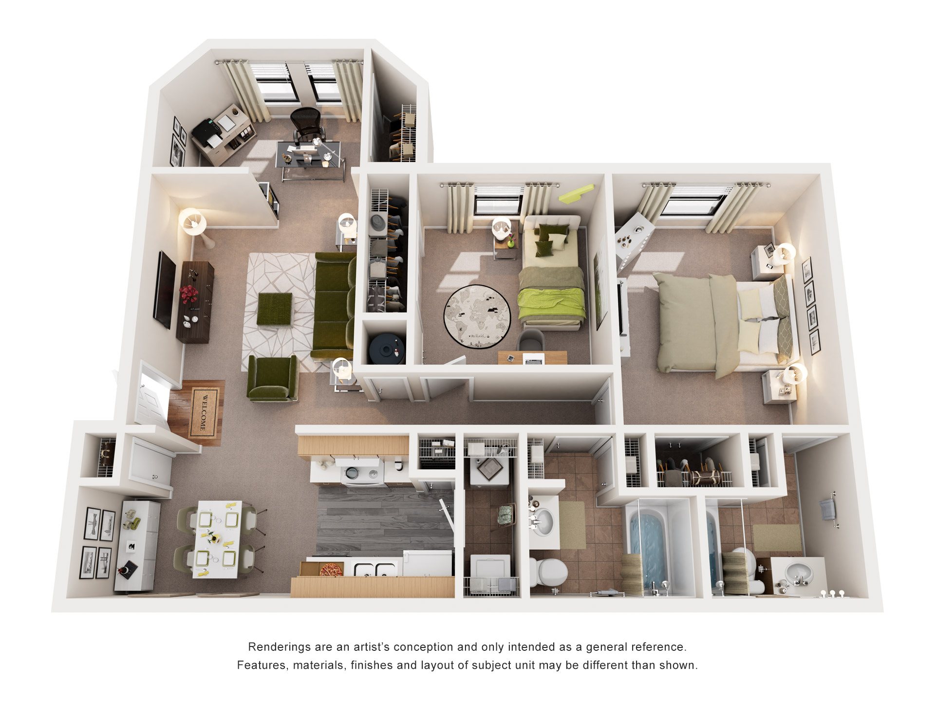Floor plan for 2 beds, 2 baths, 1065 sqft